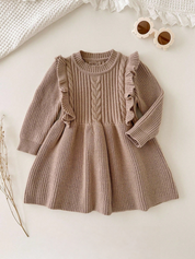 Vestido Tricô Bebê Menina Manga Longa com Babado