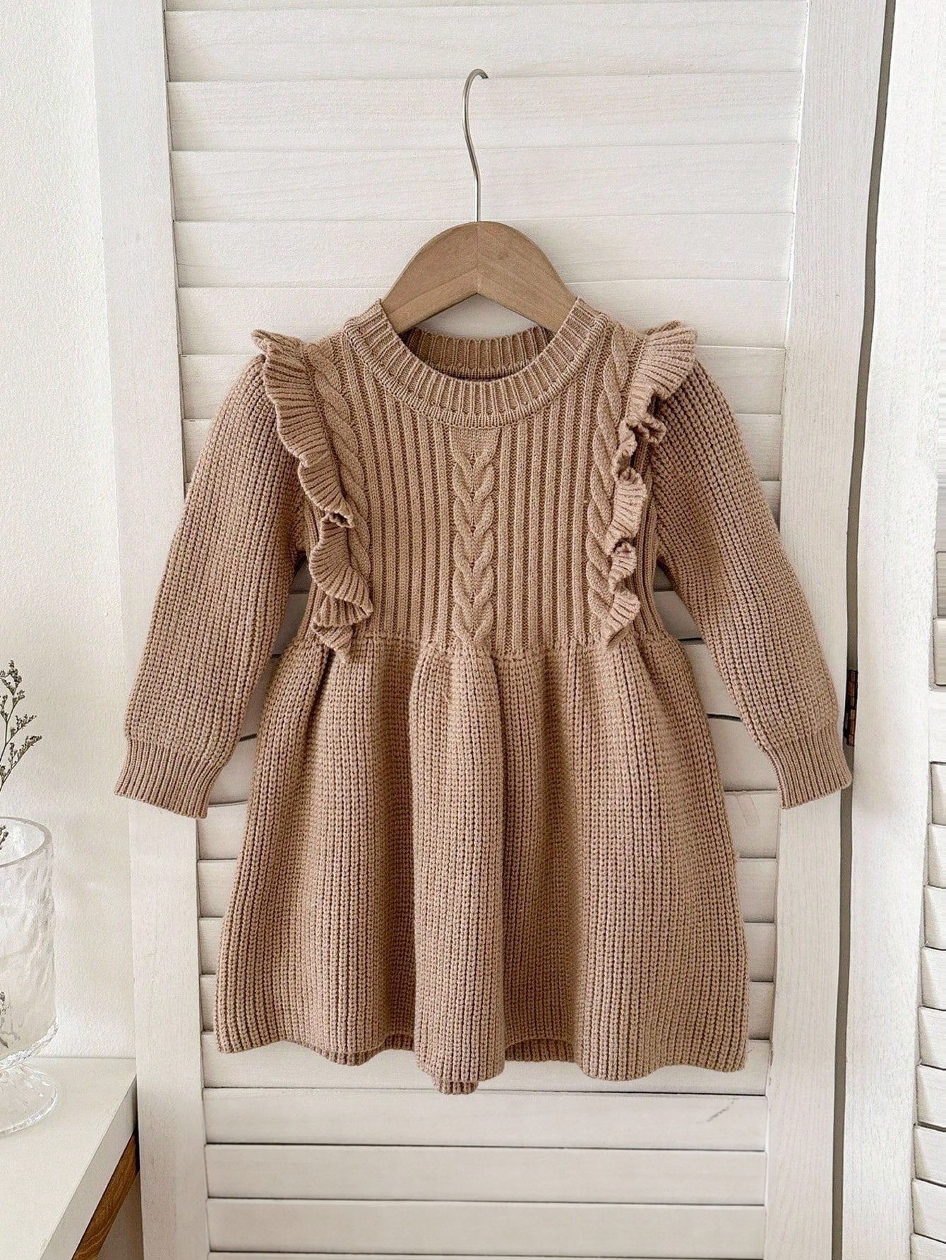 Vestido Tricô Bebê Menina Manga Longa com Babado