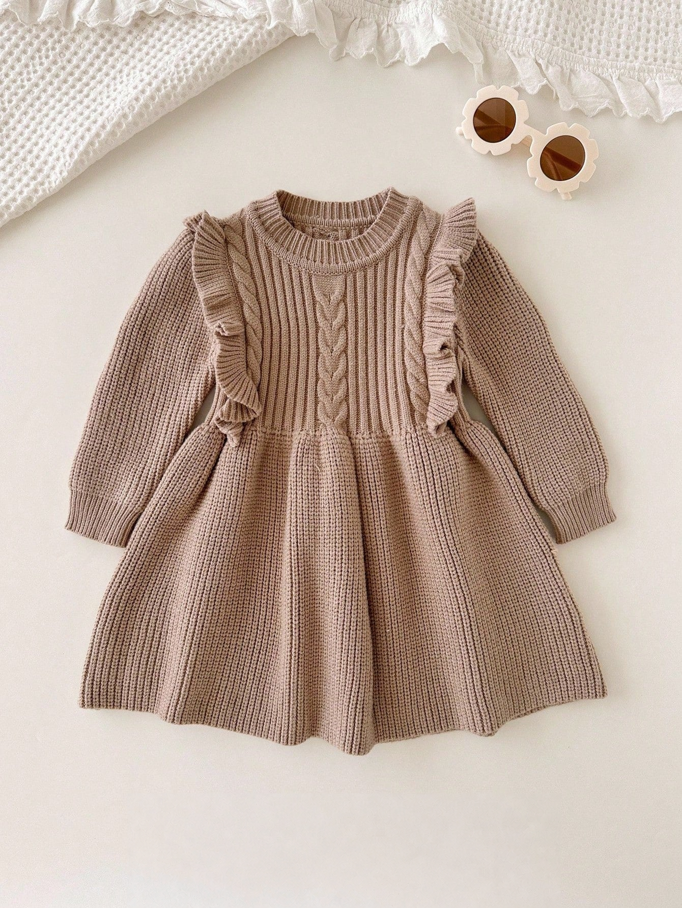 Vestido Tricô Bebê Menina Manga Longa com Babado