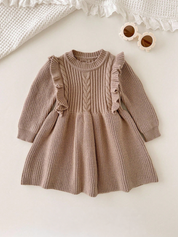 Vestido Tricô Bebê Menina Manga Longa com Babado