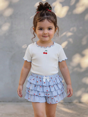 Conjunto Bebê Menina Blusa Cereja e Shorts Saia Xadrez