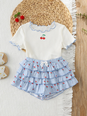 Conjunto Bebê Menina Blusa Cereja e Shorts Saia Xadrez