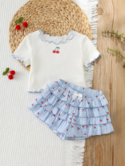 Conjunto Bebê Menina Blusa Cereja e Shorts Saia Xadrez