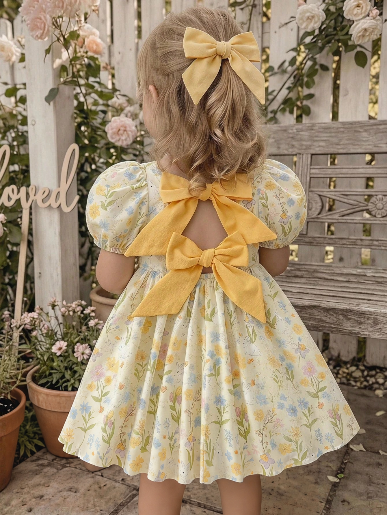 Vestido Bebê Menina Manga Bufante Floral e Coelho