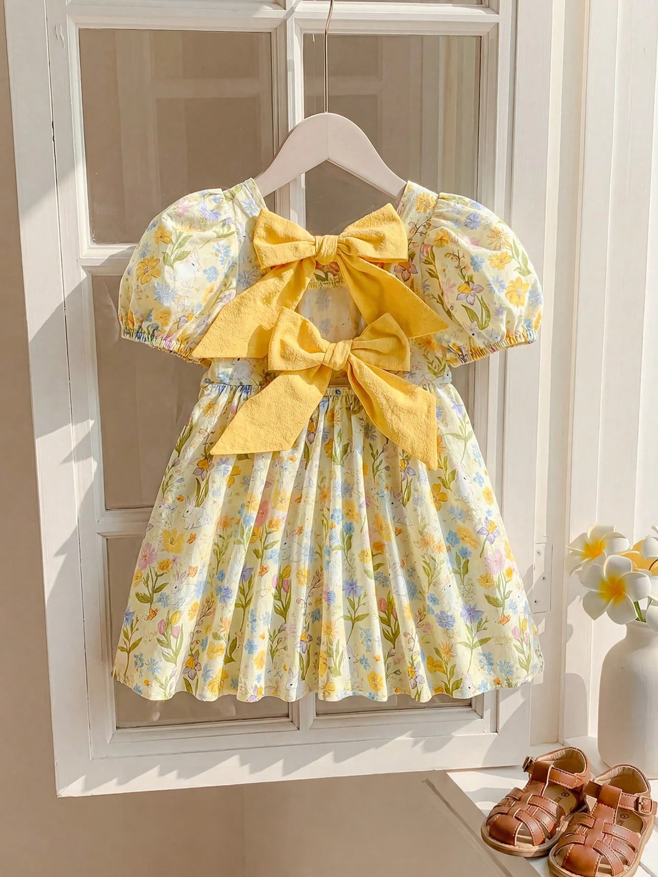Vestido Bebê Menina Manga Bufante Floral e Coelho
