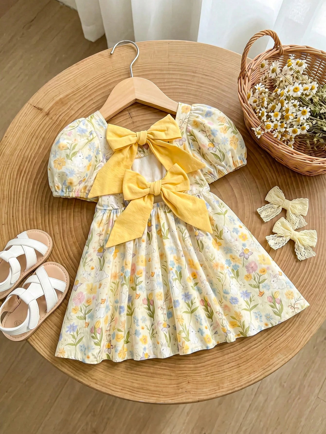 Vestido Bebê Menina Manga Bufante Floral e Coelho