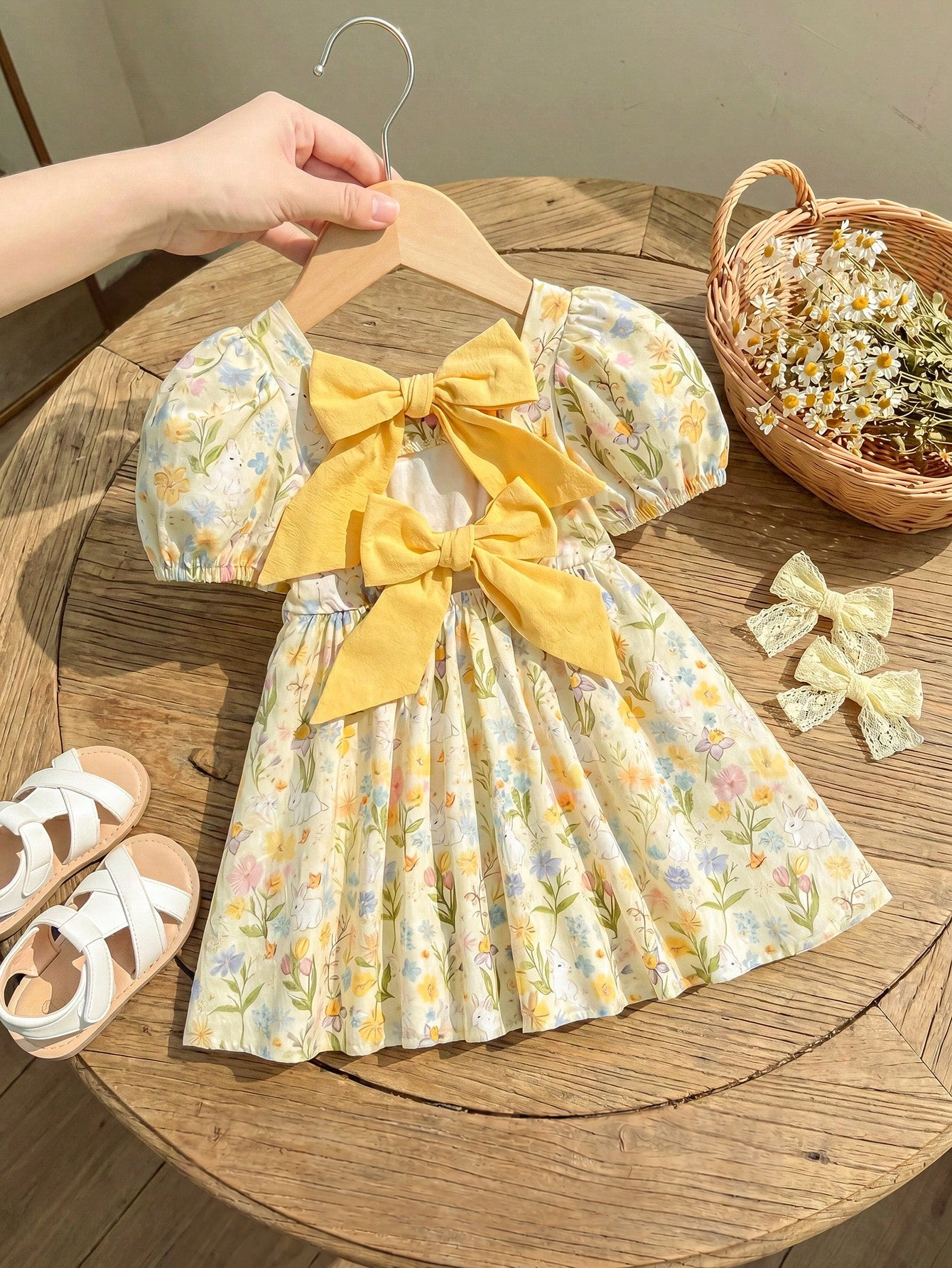 Vestido Bebê Menina Manga Bufante Floral e Coelho