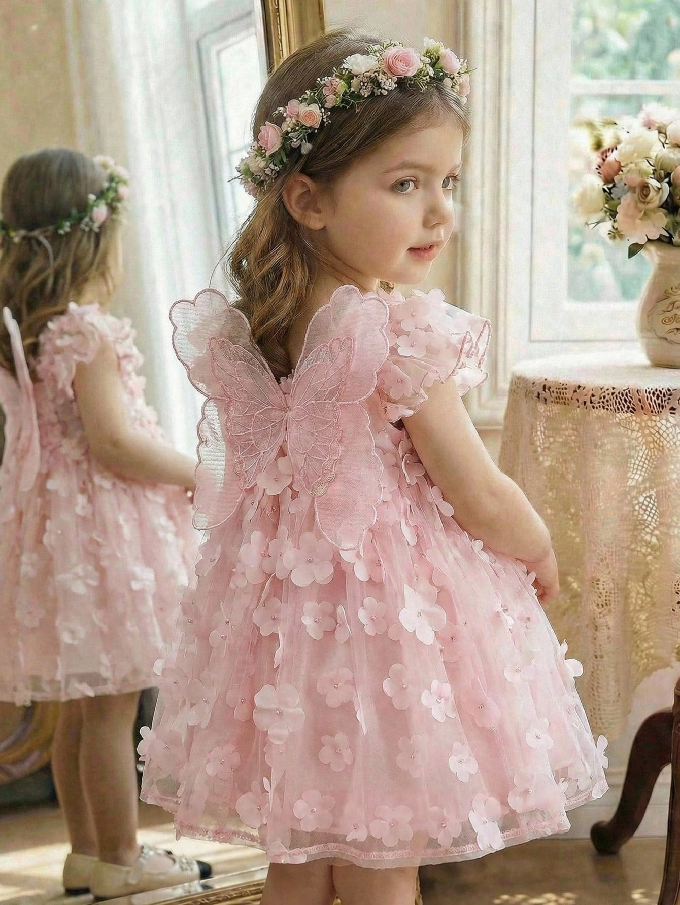 Vestido Bebê Menina Tule Rosa Floral 3D Borboleta