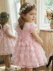 Vestido Bebê Menina Tule Rosa Floral 3D Borboleta