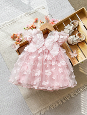 Vestido Bebê Menina Tule Rosa Floral 3D Borboleta