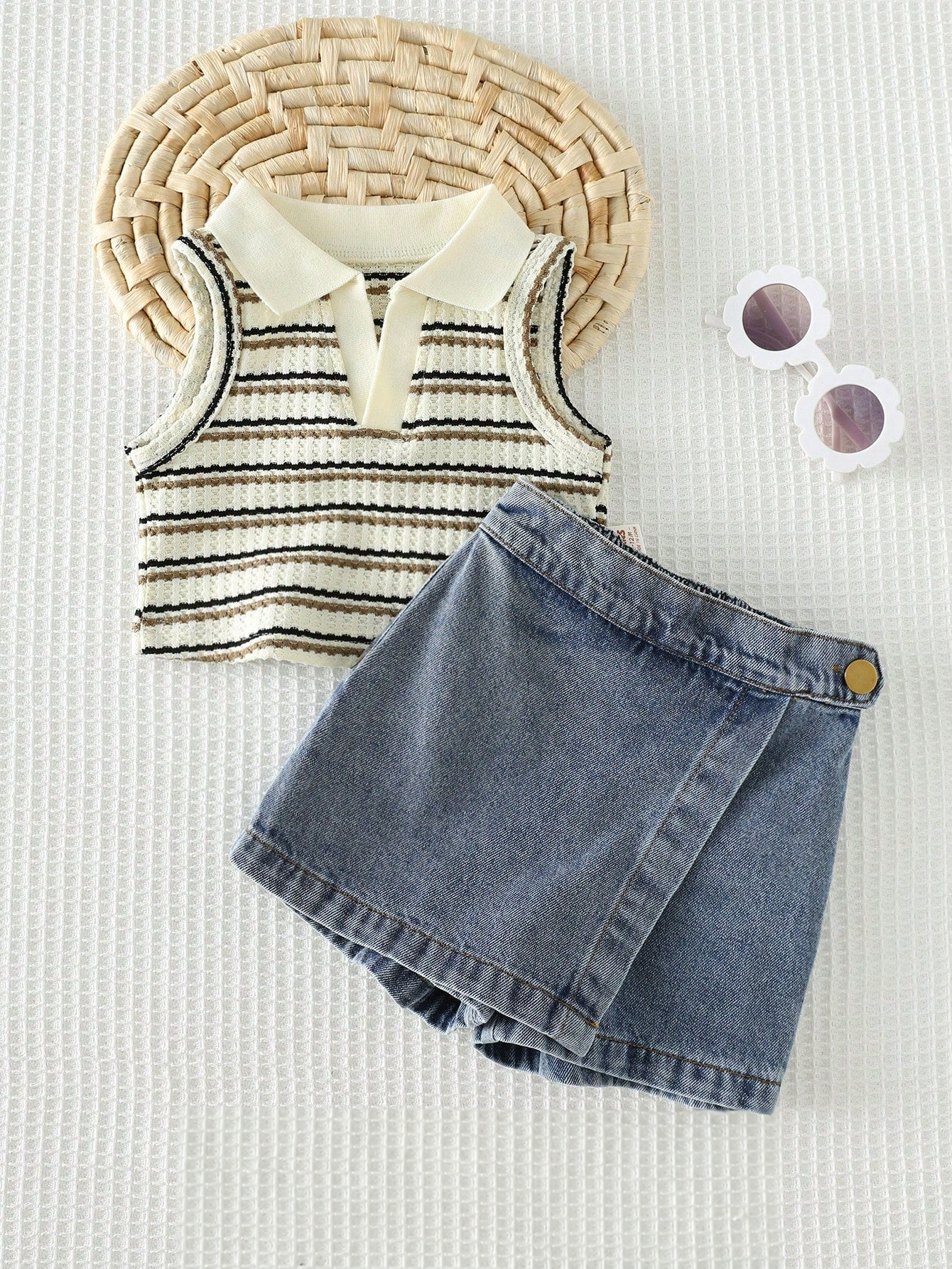Conjunto Bebê Menina Top Polo Listrado e Shorts Saia Jeans