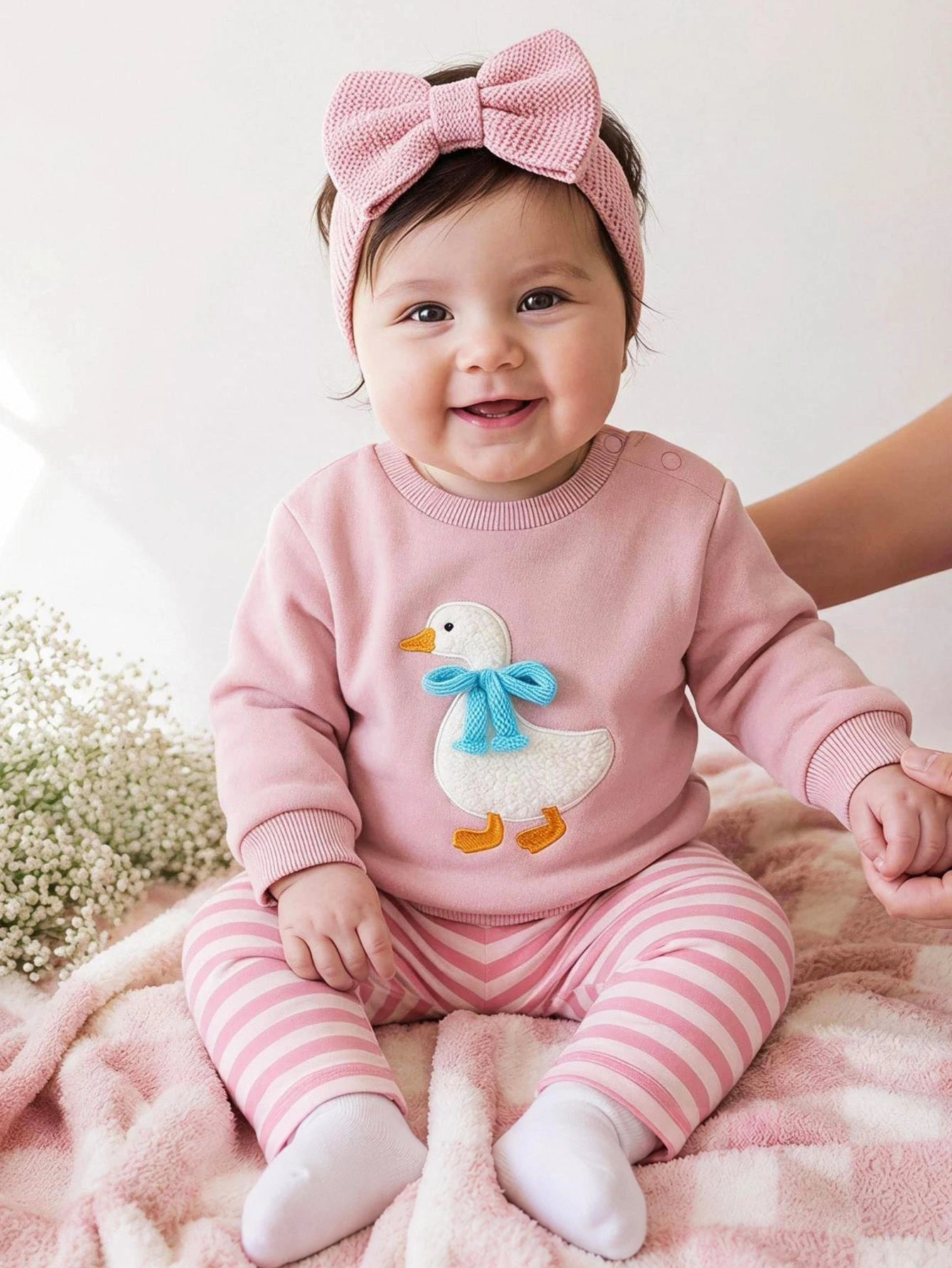 Conjunto Bebê Menina Moletom Ganso 3D e Calça Listrada