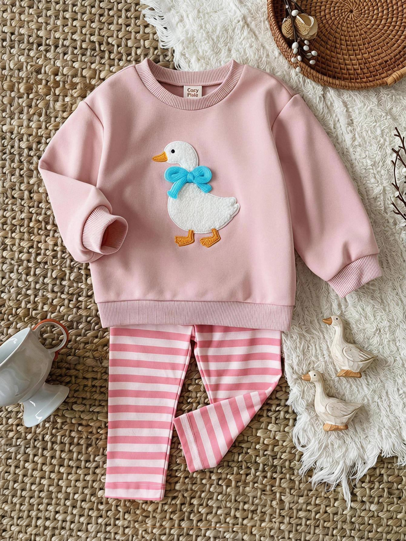 Conjunto Bebê Menina Moletom Ganso 3D e Calça Listrada