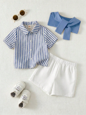 Conjunto Bebê Menino Camisa Listrada Gola Xale e Shorts