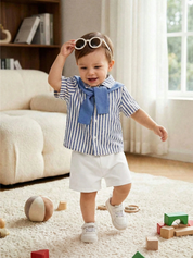 Conjunto Bebê Menino Camisa Listrada Gola Xale e Shorts