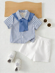 Conjunto Bebê Menino Camisa Listrada Gola Xale e Shorts