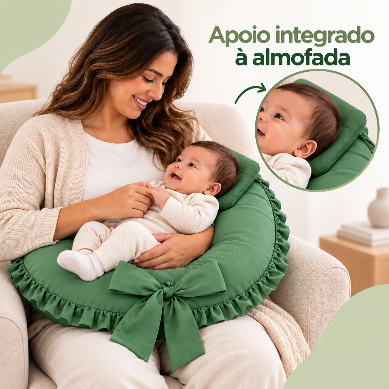 Bebê acomodado no apoio integrado da almofada