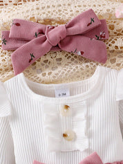 Conjunto Bebê Menina 3 Peças Body Canelado Calça Floral e Faixa de Cabeça