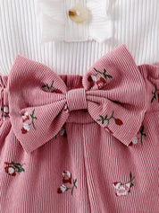 Conjunto Bebê Menina 3 Peças Body Canelado Calça Floral e Faixa de Cabeça