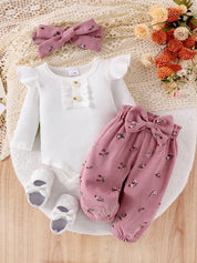 Conjunto Bebê Menina 3 Peças Body Canelado Calça Floral e Faixa de Cabeça