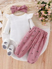 Conjunto Bebê Menina 3 Peças Body Canelado Calça Floral e Faixa de Cabeça