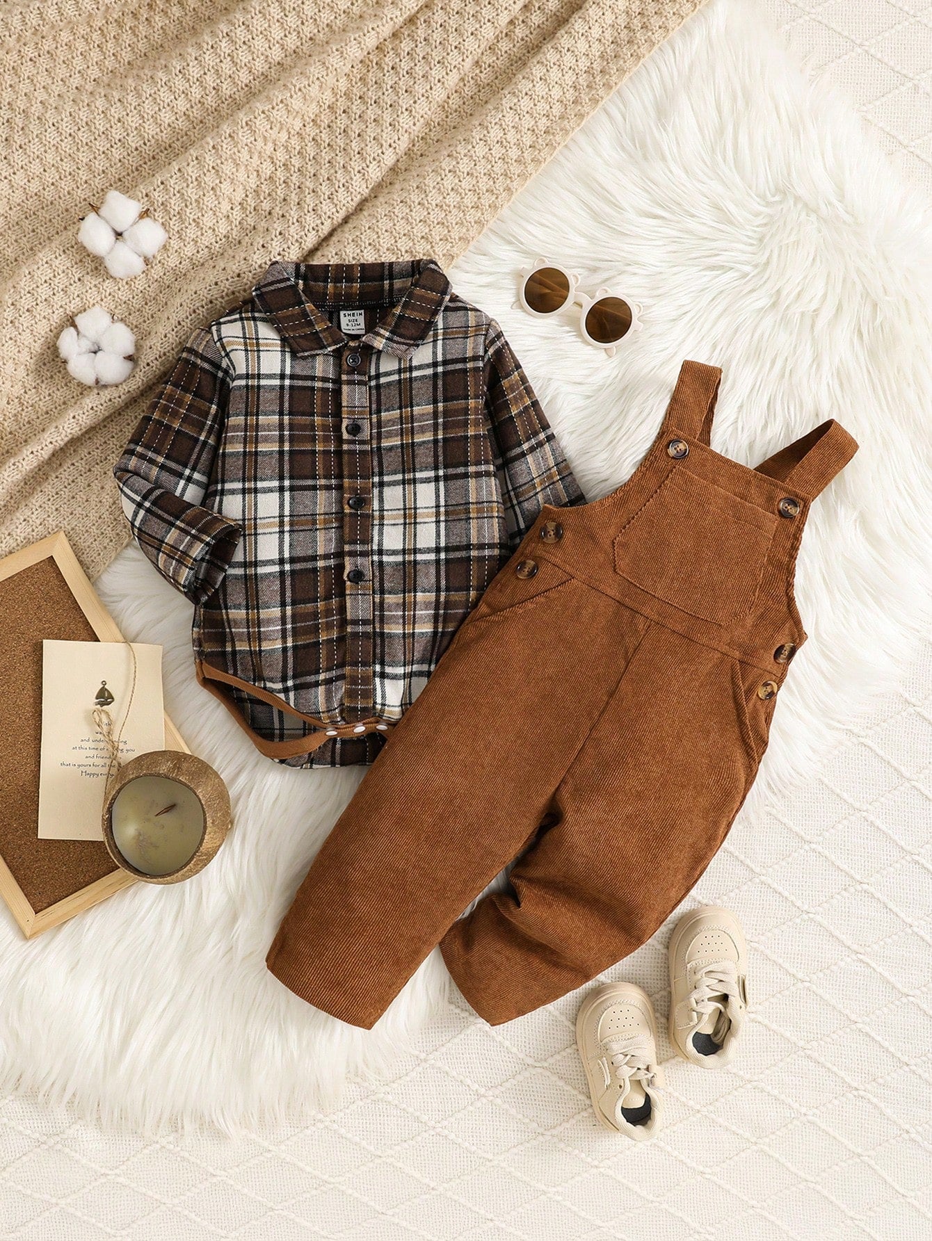 Conjunto 2 Peças Bebê Menino Body Xadrez Manga Longa e Jardineira