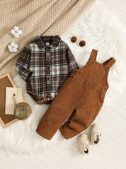 Conjunto 2 Peças Bebê Menino Body Xadrez Manga Longa e Jardineira
