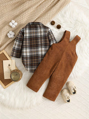 Conjunto 2 Peças Bebê Menino Body Xadrez Manga Longa e Jardineira