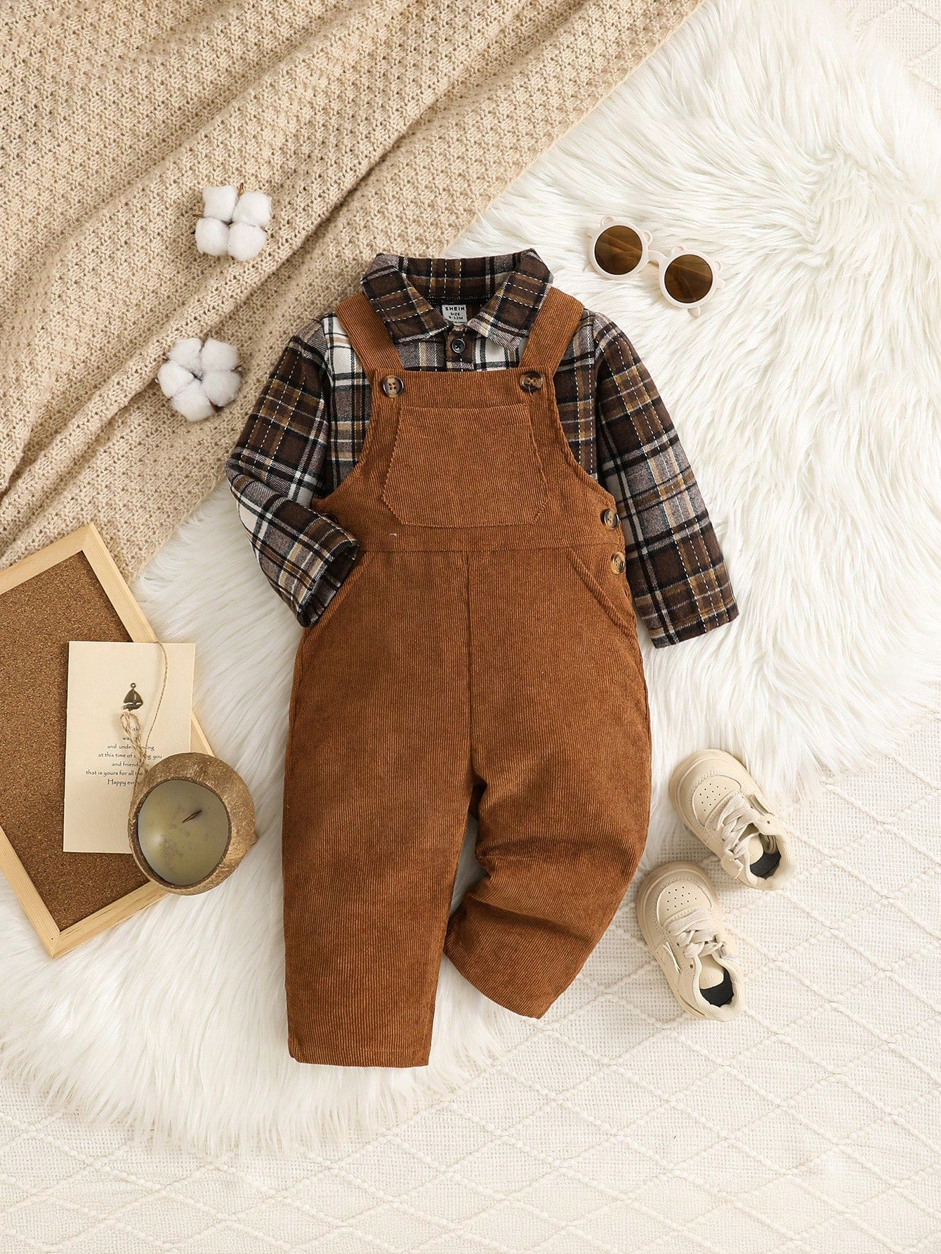Conjunto 2 Peças Bebê Menino Body Xadrez Manga Longa e Jardineira