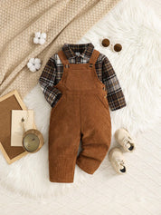 Conjunto 2 Peças Bebê Menino Body Xadrez Manga Longa e Jardineira