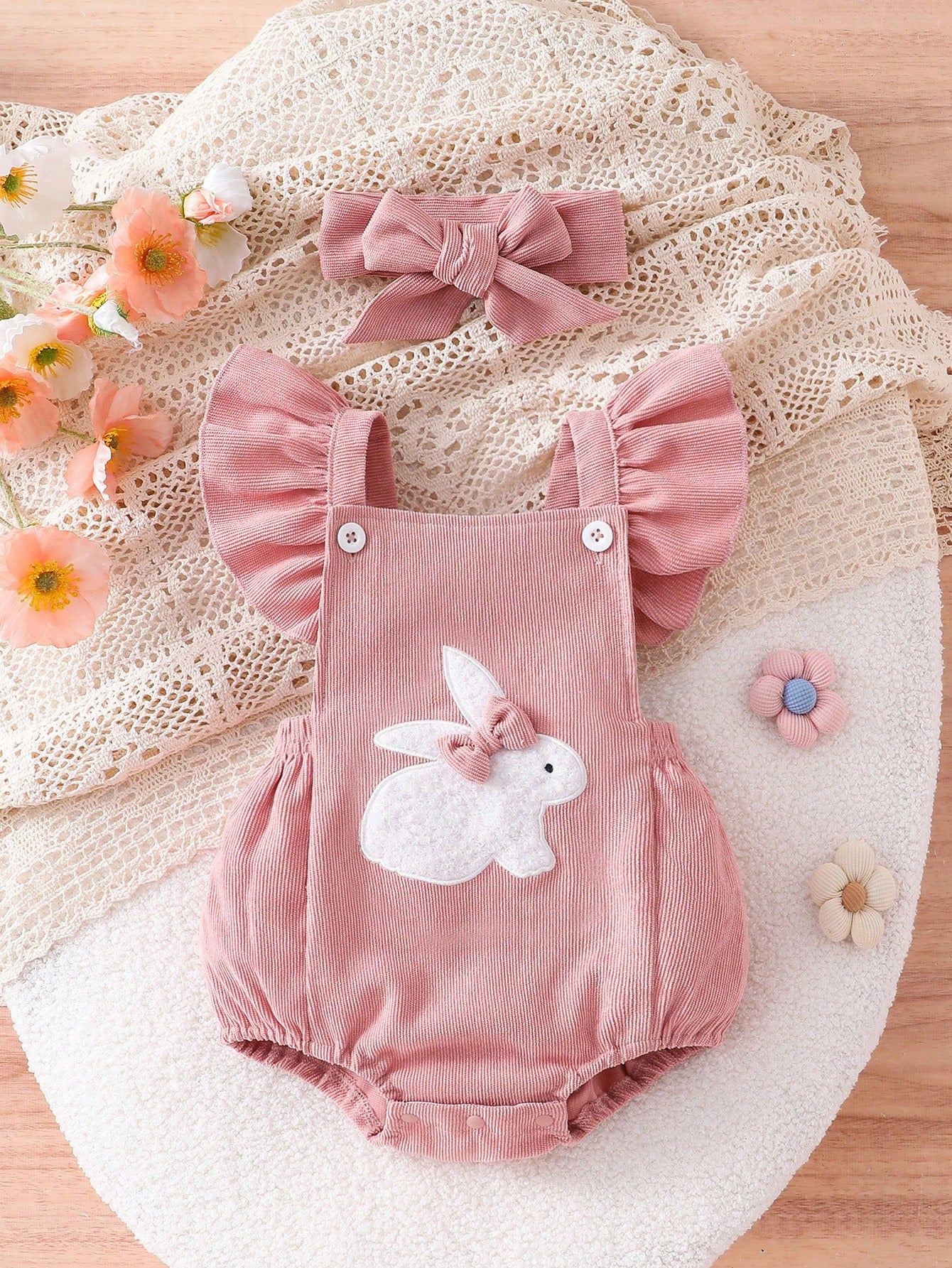 Conjunto 2 Peças Body Jardineira Bebê Menina Canelado Coelho com Tiara