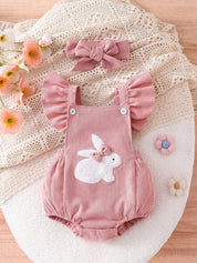 Conjunto 2 Peças Body Jardineira Bebê Menina Canelado Coelho com Tiara