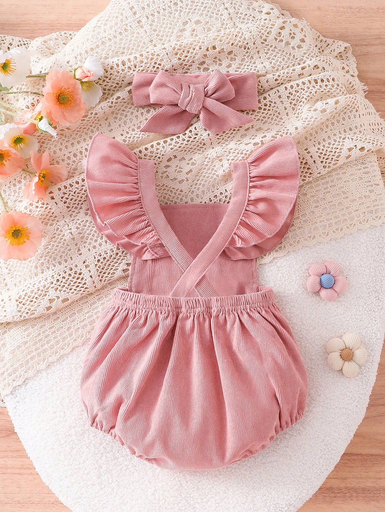 Conjunto 2 Peças Body Jardineira Bebê Menina Canelado Coelho com Tiara