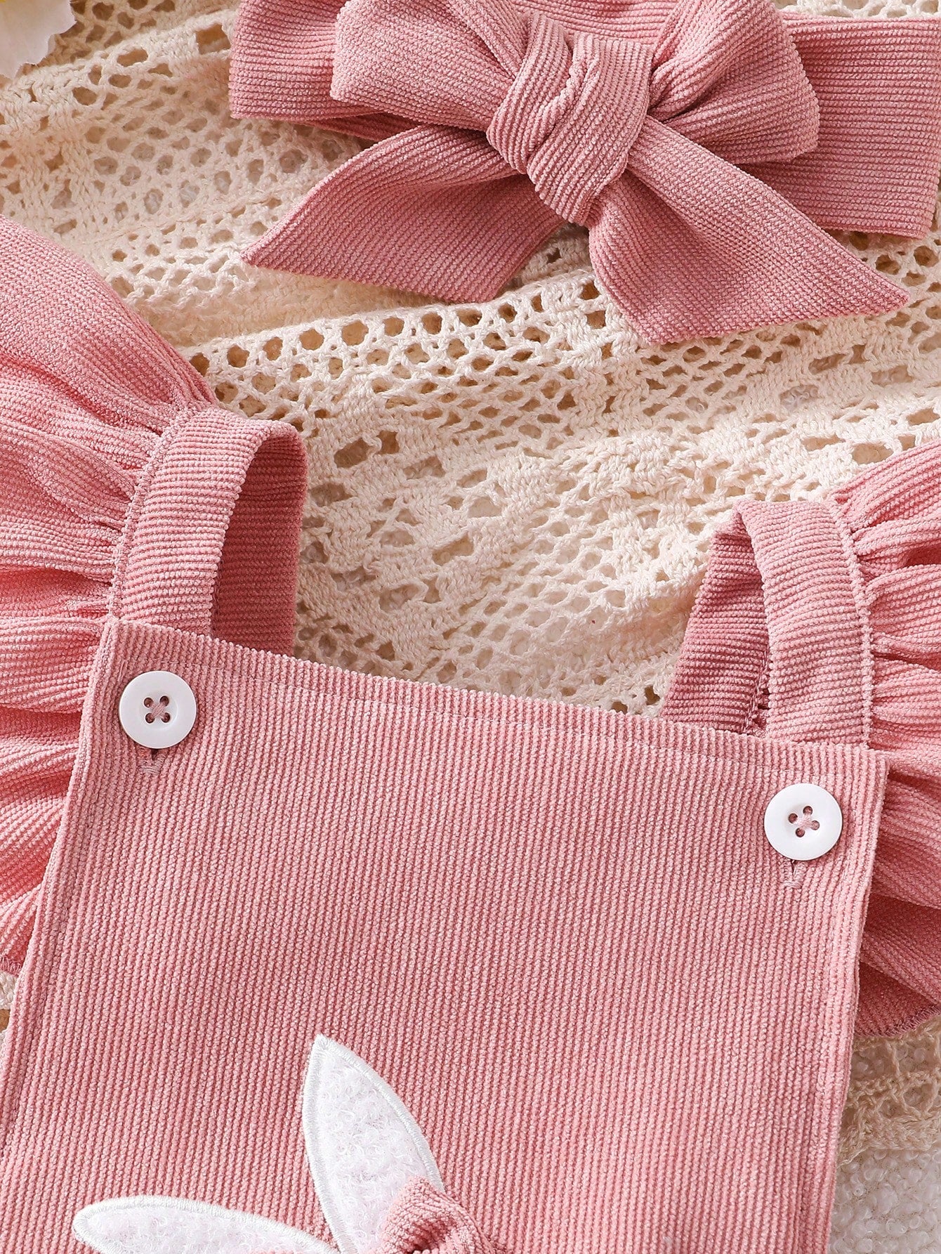 Conjunto 2 Peças Body Jardineira Bebê Menina Canelado Coelho com Tiara