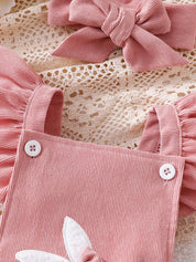 Conjunto 2 Peças Body Jardineira Bebê Menina Canelado Coelho com Tiara