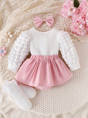 Conjunto Body Vestido Bebê Menina Kit 4 Peças Coração 3D Laço Manga Bufante Faixa e Meia