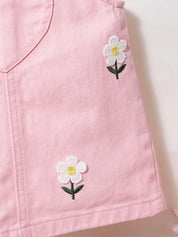 Jardineira Infantil Menina Denim Bordado Floral Bolso Coração