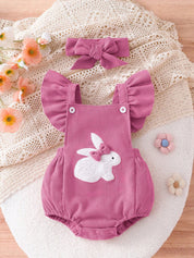 Conjunto 2 Peças Body Jardineira Bebê Menina Canelado Coelho com Tiara