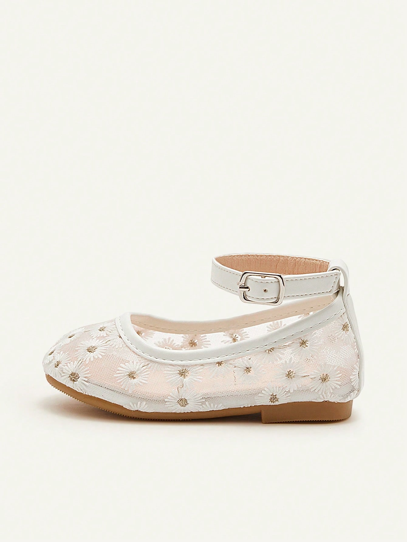 Sapatilha Infantil Menina Bordado Floral Tira Tornozelo Bico Redondo