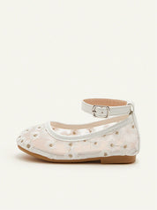 Sapatilha Infantil Menina Bordado Floral Tira Tornozelo Bico Redondo