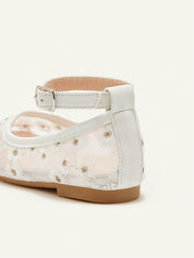 Sapatilha Infantil Menina Bordado Floral Tira Tornozelo Bico Redondo