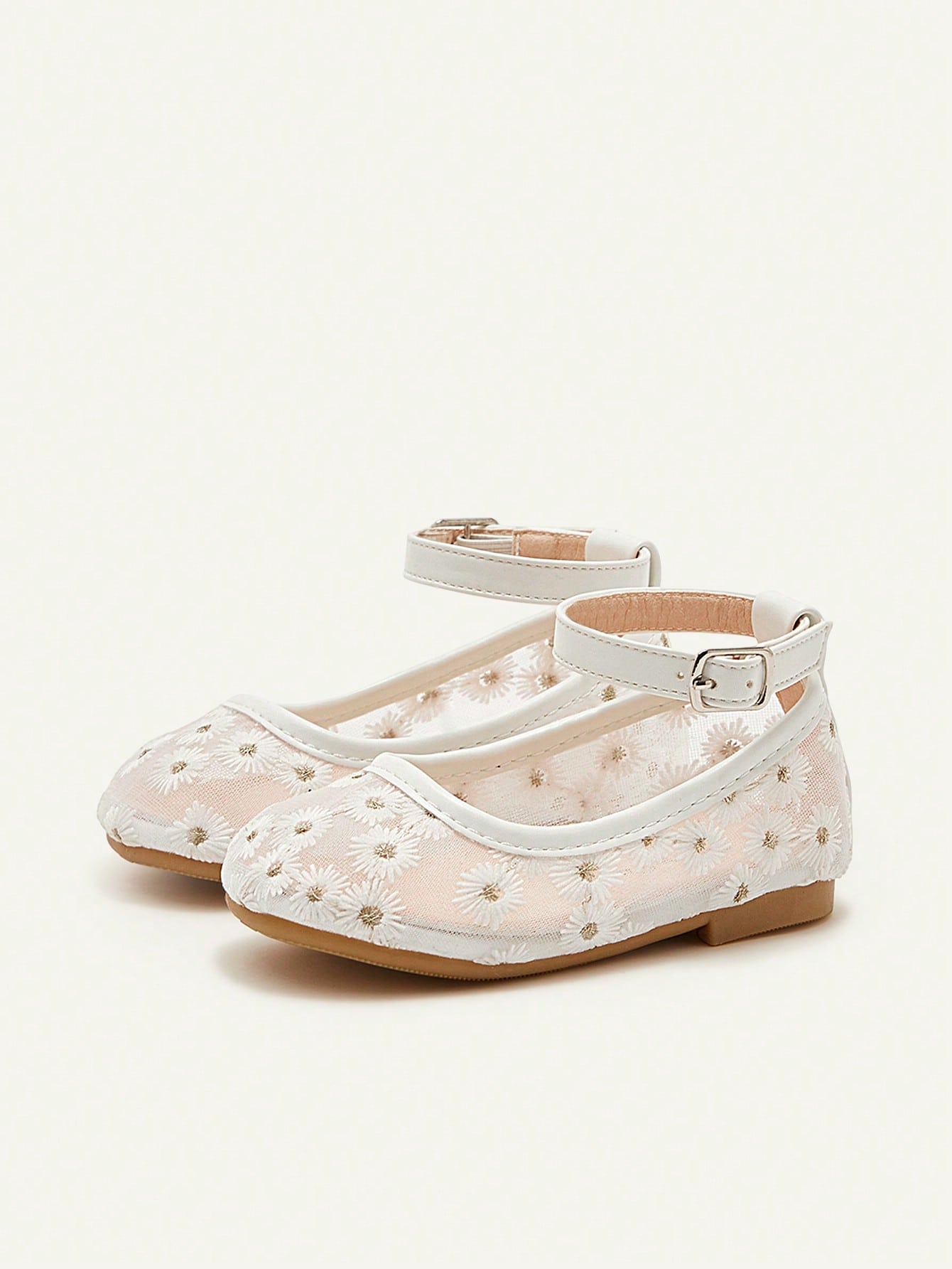 Sapatilha Infantil Menina Bordado Floral Tira Tornozelo Bico Redondo