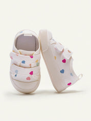 Tênis Infantil Feminino Casual Velcro Duplo Coração Colorido Bico Redondo