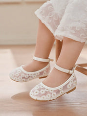 Sapatilha Infantil Menina Bordado Floral Tira Tornozelo Bico Redondo