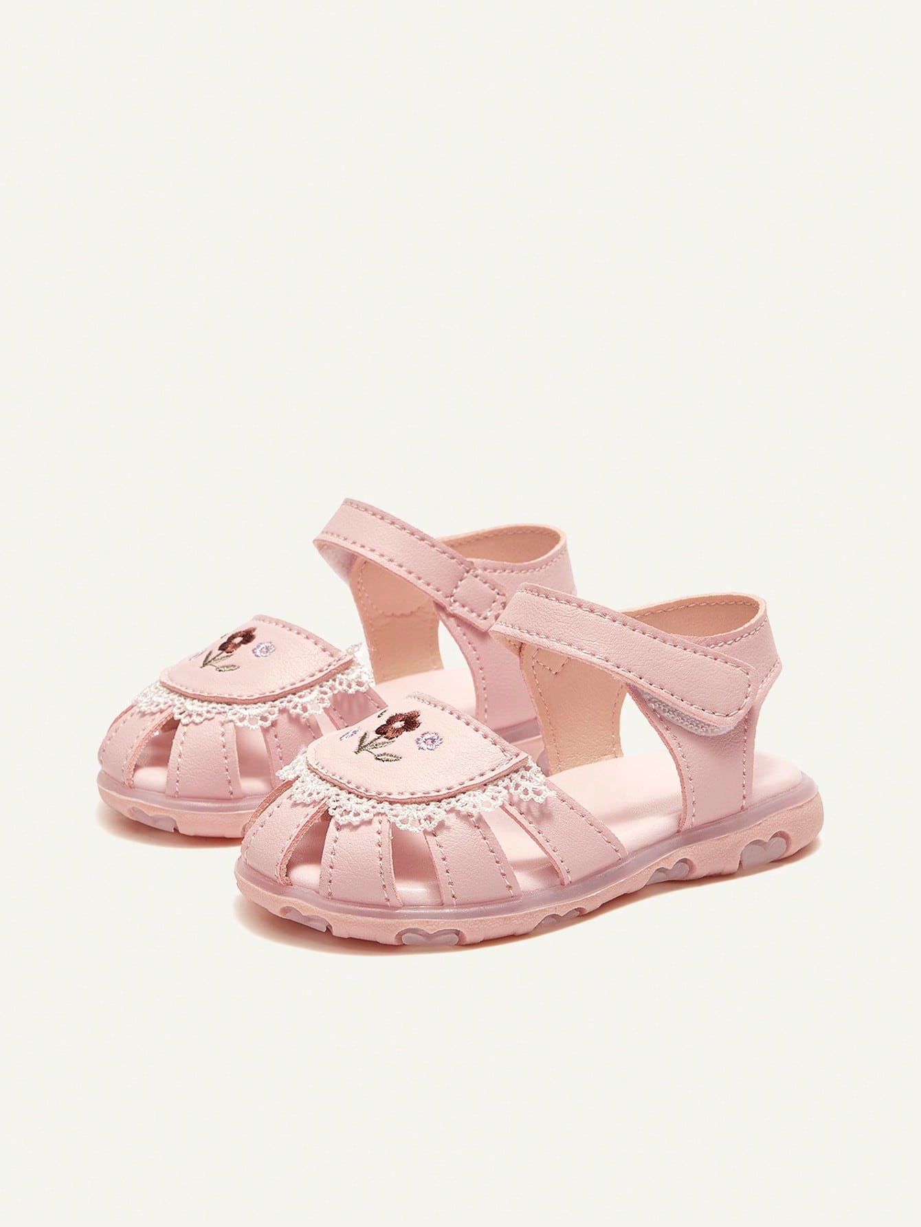 Sandália Bebê Menina Fechada com Luz LED Bordado Floral Renda Velcro