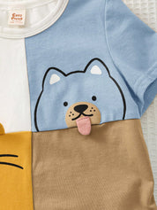 Conjunto 2 Peças Bebê Menino Camiseta Colorblock Tigre Cachorro e Shorts
