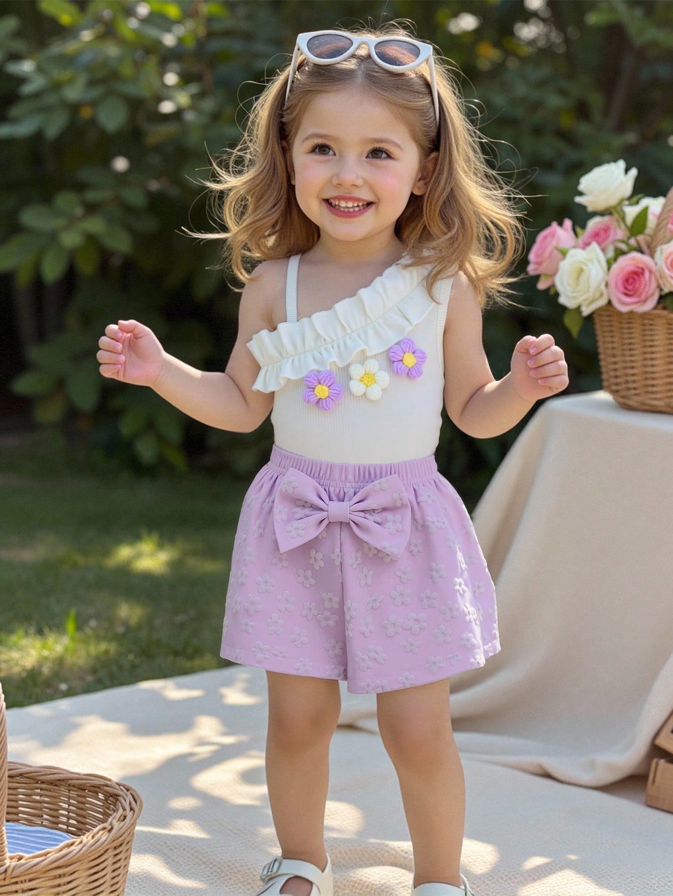 Conjunto Bebê Menina 2 Peças Top Floral Ombro Assimétrico e Shorts com Laço