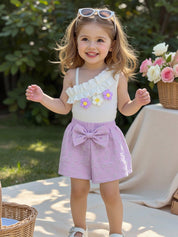 Conjunto Bebê Menina 2 Peças Top Floral Ombro Assimétrico e Shorts com Laço