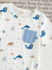 Conjunto Bebê Menino 2 Peças Camiseta Animais Marinhos e Shorts Listrado