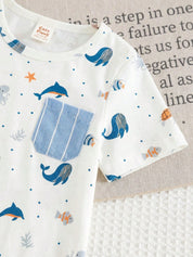 Conjunto Bebê Menino 2 Peças Camiseta Animais Marinhos e Shorts Listrado